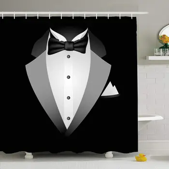 

Shower Curtain Set with Hooks 72x78 Tuxedo Cotton Textile Object Bow Tie Garment On Emcee Reach with Black Jacket Beauty Fashion