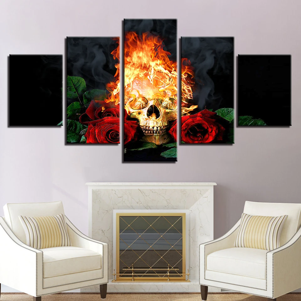 

Canvas HD Prints Pictures Modular Home Decor 5 Pieces Halloween Horror Skull Paintings Fire Red Roses Poster Wall Art Framework