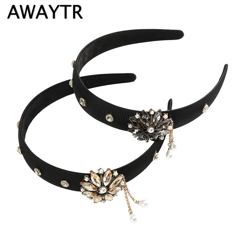 

AWAYTR New Baroque Rhinestone Tassel Headband For Women Pearl Hairband Women Retro Headdress Bezel Hair Loop Hair Accessories
