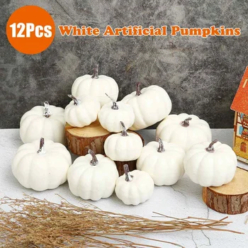 

12Pcs/set DIY Fake Fruits Ornament Halloween White Artificial Pumpkins Harvest Fall Harvest Thanksgiving Home Decor Props Party