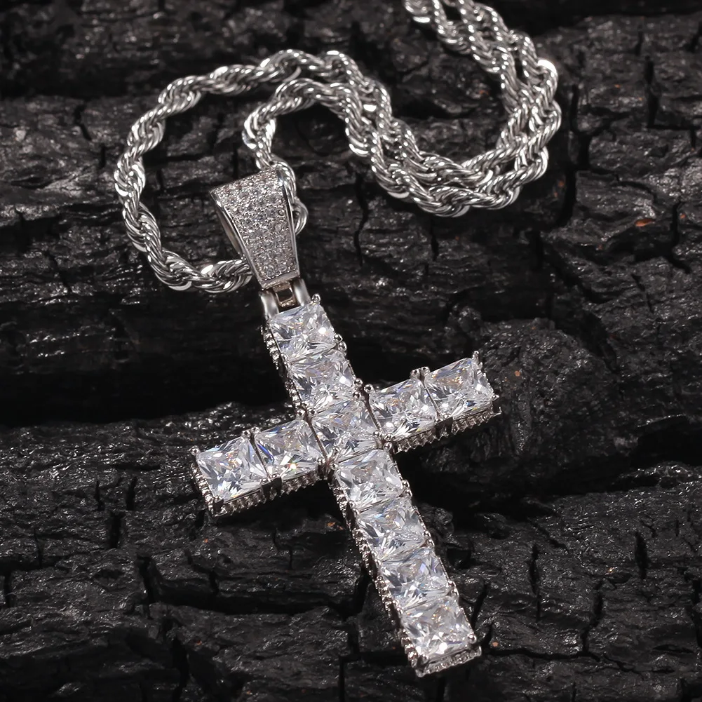 

Square Zircon Iced Out Bling Bling Cross Pendant&Necklace Mirco Pave Prong Setting for Men Hip Hop Jewelry BP032