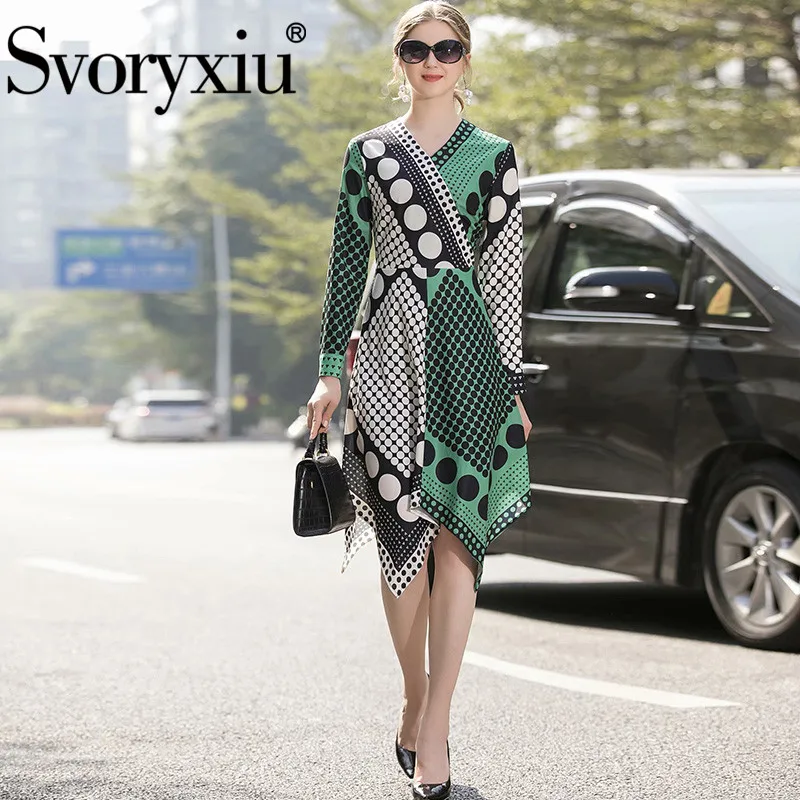 

Svoryxiu 2020 Fashion Designer Spring Summer Polka Dot Print Dress Women's Long Sleeve V Collar Asymmetry Sexy Dresses