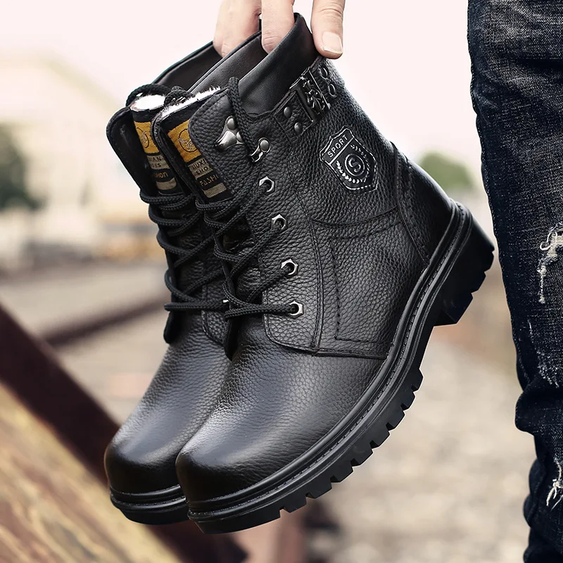 

Winter New Style Martin Boots Men's Hight-top England Genuine Leather Combat Boots Mid-high Leather Boot plus Velvet Warm Cotton