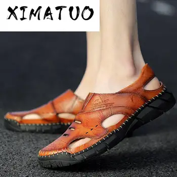 

2020 Large size 38-50 Men's Shoes Sports Summer Top Cowhide Leather Sandals Cross Hole Shoes