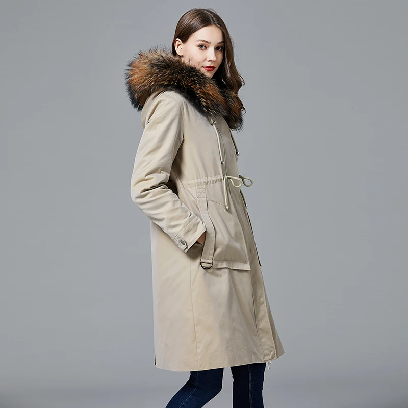 beige AYUNSUE пальто с натуральным мехом женская теплая парка с кроличьим мехом зимняя куртка женская длинная куртка с воротником из меха енота для женщин теплая верхняя одежда - Цвет: beige