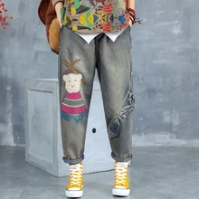 Женские большие джинсы джинсовые брюки милые повседневные Длинные свободные негабаритные вышивка мультфильм отбеленные для осени AZ48183517