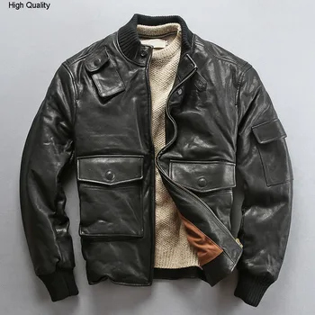 

2020 men's winter down jacket stand collar sheepskin genuine leather jacket men safary style hunter real leather coat male