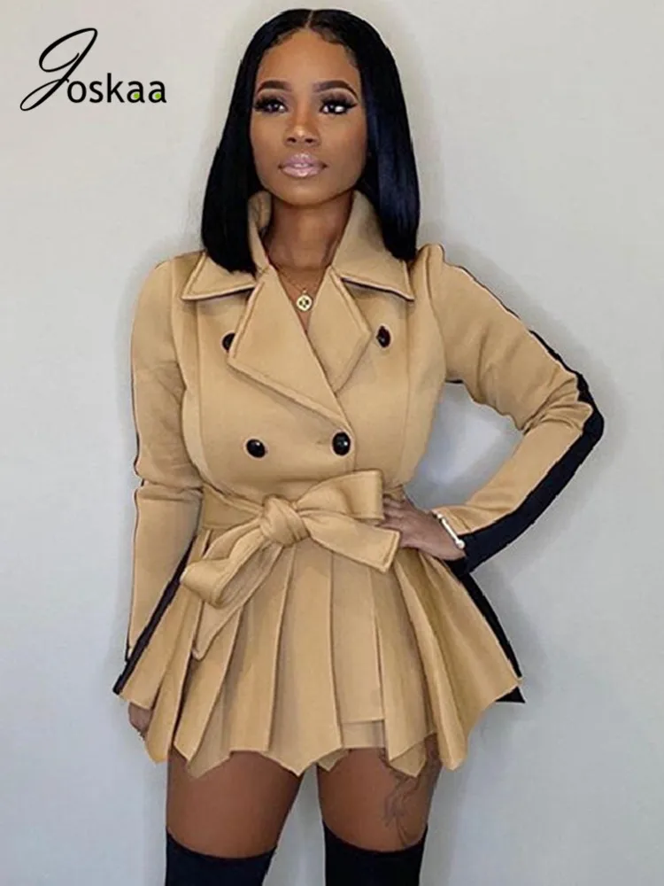 

Joskaa Women Sexy Belted Patchwork Trench Coat Bubble Skirt Button Long Sleeve Jackets 2020 Winter Warm Long Overcoat Outwear