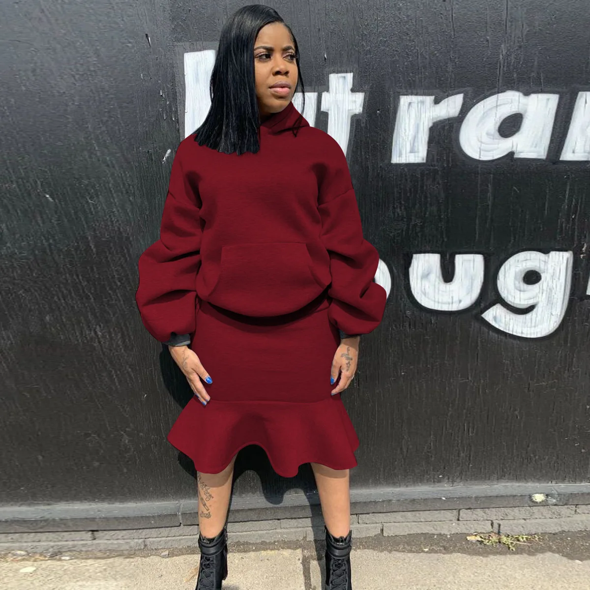 Осенний Женский комплект толстовки с длинным рукавом фонариком топы и оборки