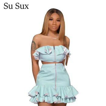 

Sexy Off Shoulder Two Piece Set Women Outfits Bodycon 2 Piece Set Ruffles Zipper Crop Top&Mini Skirt Set Partyclub Vestidos