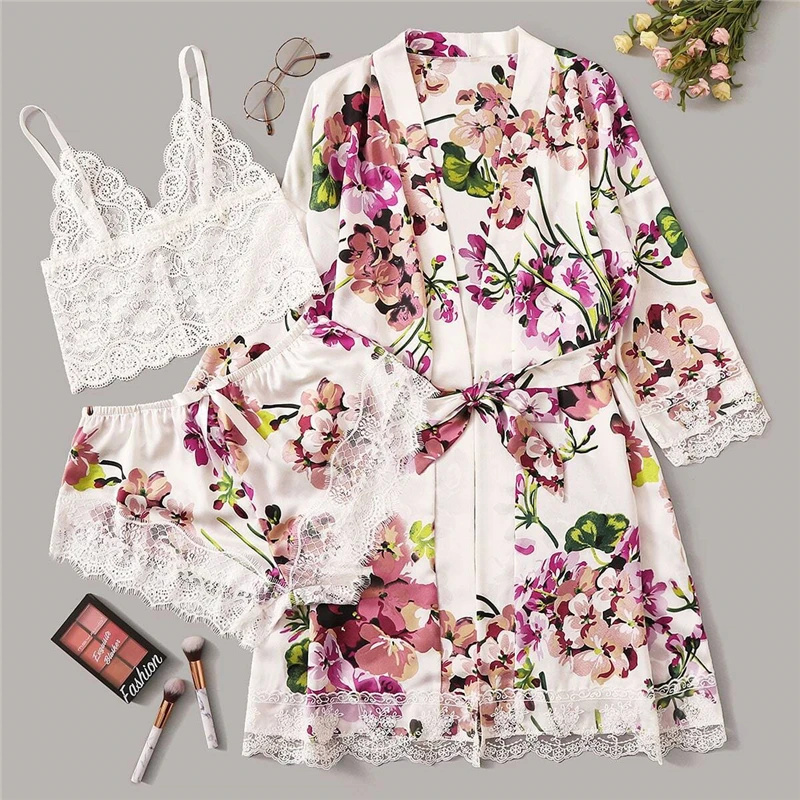SHEIN многоцветный цветочный кружевной бюстгальтер без косточек с атласными шортами и поясом набор халатов женская пижама Сексуальное нижнее белье наборы