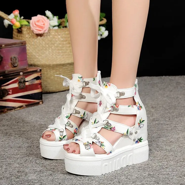 

Nice Summer Tide Style Roman Sandals high-heeled Color Cross Straps woMen Shoes 12cm Super high-heeled Wedge Fish Mouth