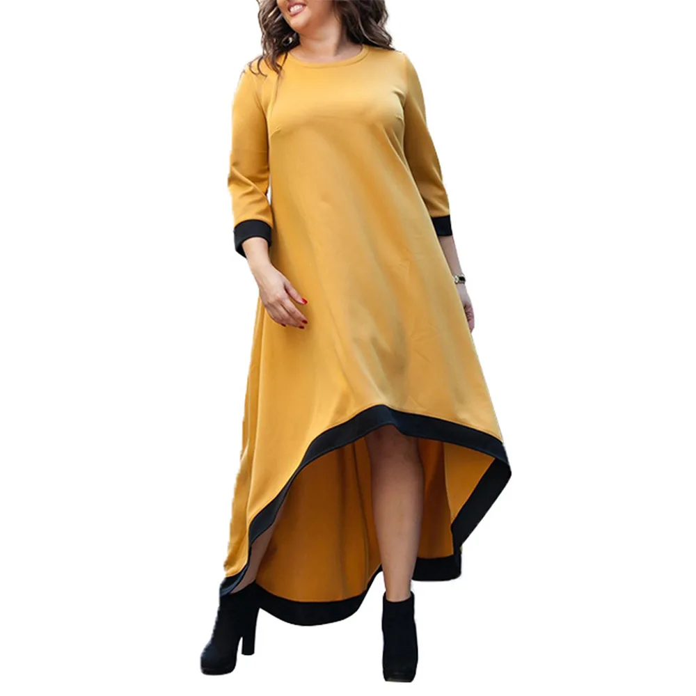 Xl-6xl Plus Size Women Dress New Women Autumn Fashion Yellow Beige Sleeves Large Size Loose Casual Dress