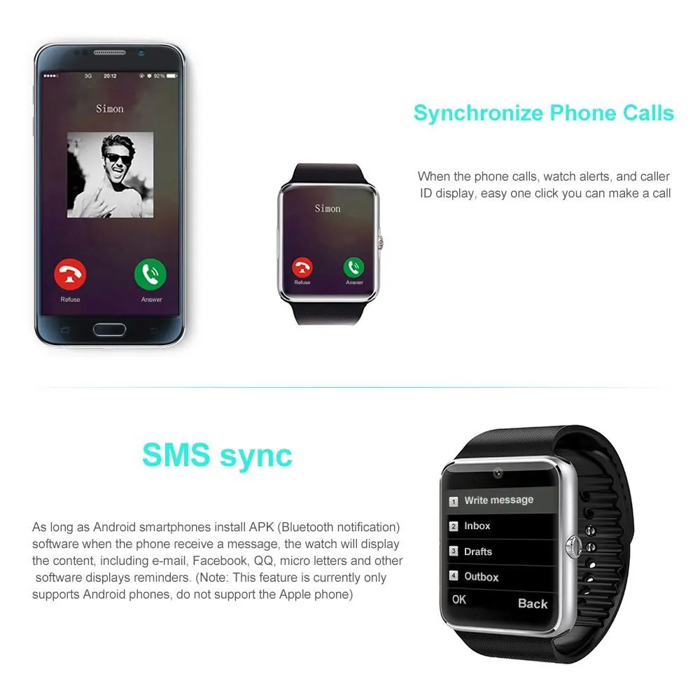 Bluetooth Смарт часы для смартфонов на Android наручные с защитой от пота tf картой и sim