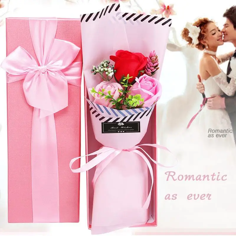 

Artificial Rose Bouquet Immortalized Flower Soap Flowers Beautiful Romantic Gift Boxed 3 Heads Home Decoration Greeting