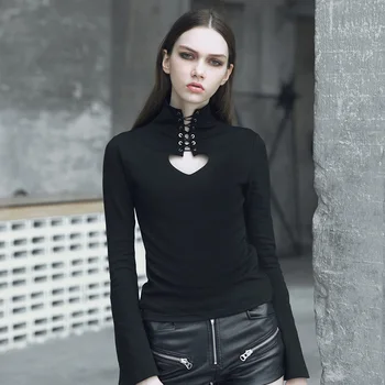 

PUNK RAVE Women Gothic Dark Retro Autumn and Winter Wear Plus Velvet Bottom Shirt Trumpet Sleeve Long Sleeve Slim T-Shirt