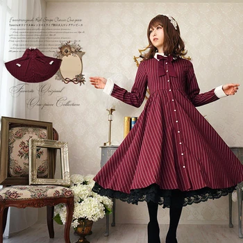 

Black/Burgundy/Navy Blue Japan Lolita Vertical Stripes Button-up Shirt Dress Slim Fit
