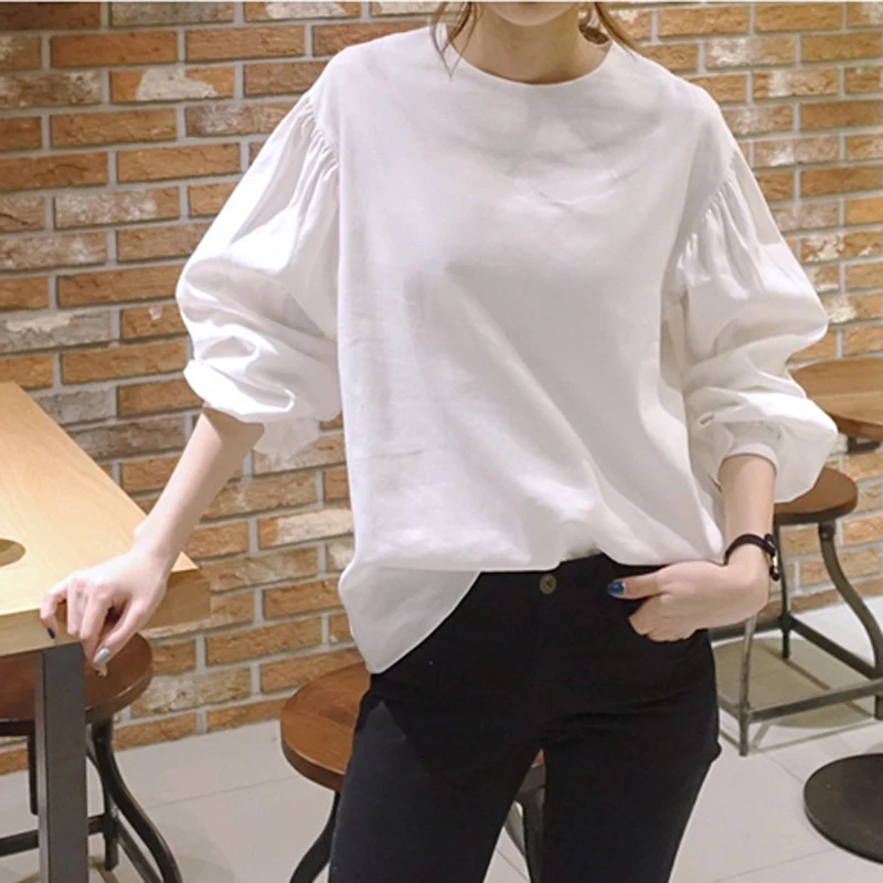 Женский Повседневный однотонный топ с круглым вырезом и рукавами-фонариками на