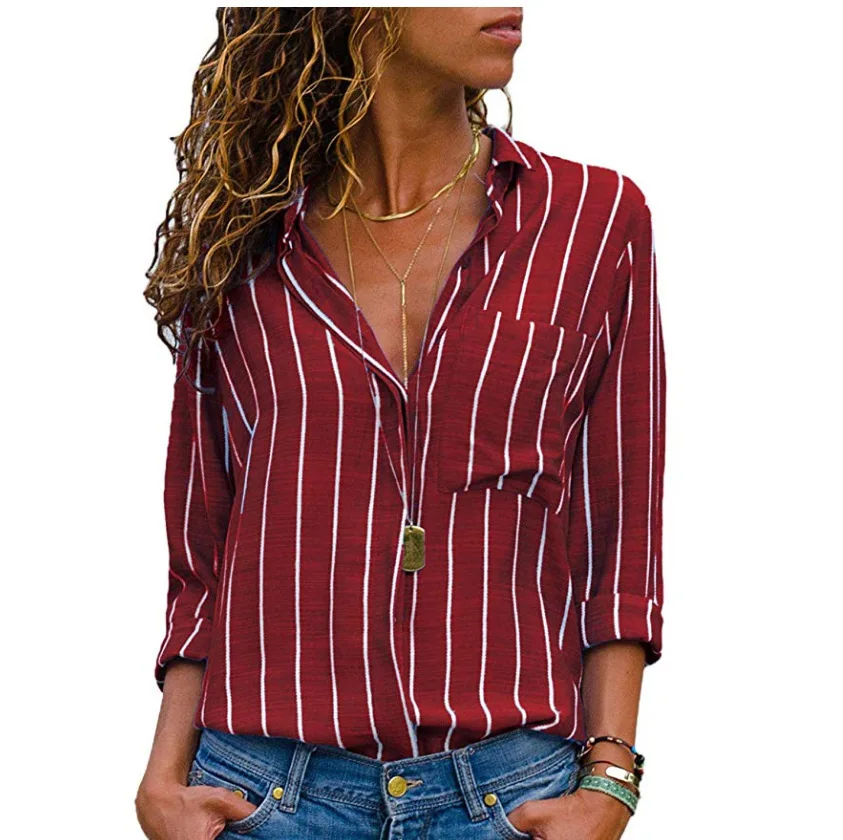 Women Stripe Shirts Blouses Long Sleeve Casual Lady Office Chiffon Shirt Autumn Blouse Loose Button Mujer Blusas Top Plus Size - Цвет: wine red