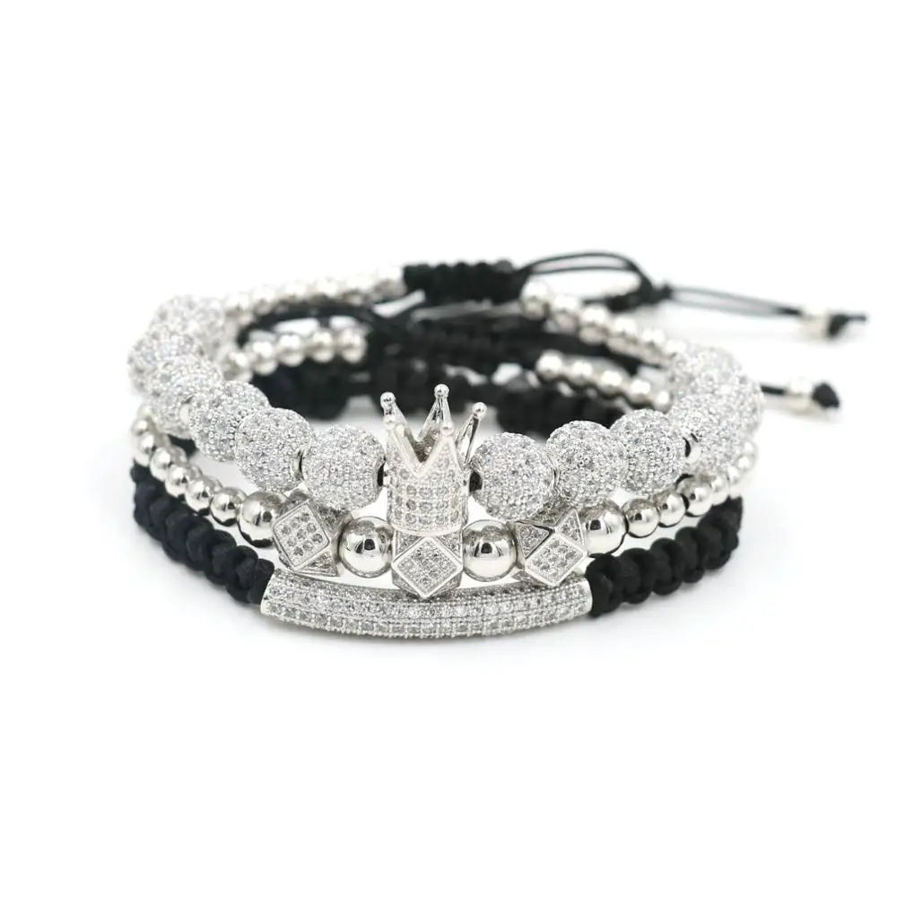 3pcs/Set Luxury Crown Bracelet Men Hip Hop Silver Color Micro Pave CZ Ball Charm Bracelets For Women Couples Pulseira Bileklik