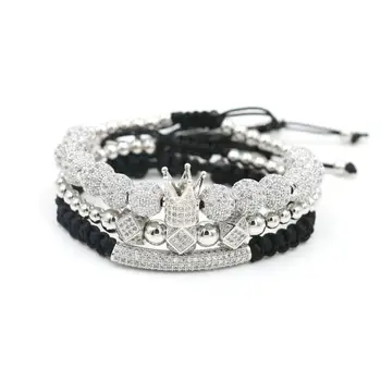 3pcs/Set Luxury Crown Bracelet Men Hip Hop Silver Color Micro Pave CZ Ball Charm Bracelets For Women Couples Pulseira Bileklik