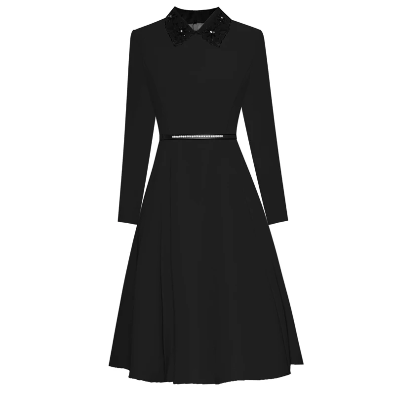 SEQINYY Office Lady Dress 2020 Autumn Winter New Fashion Design Women Embroidery Flowers Beading Pearl Belt A-line XXL
