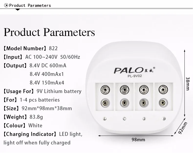 Palo супер быстрый Мощность 4 слота 9V Батарея Зарядное устройство для детей в возрасте от 9v 6f22 литий-ионная аккумуляторная батарея светодиодный дисплей умная зарядка