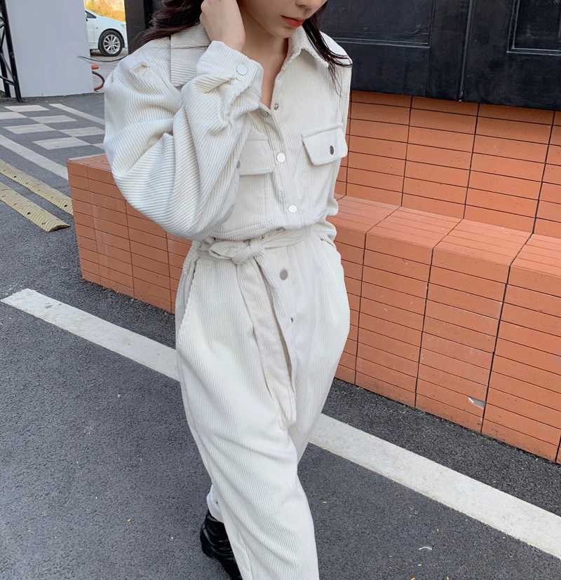 Spring 2020 Corduroy Jumpsuits Romper Women High Fashion Button Jumpsuit Female Casual Overalls
