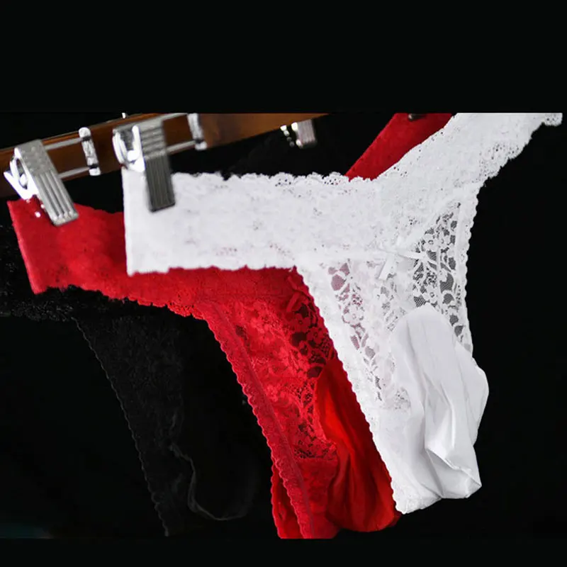 Sexy Men Lace Convex Pouch G-string COCK Ring Sexy Thong Hollow Out Sheer Underwear T-back Erotic Lingerie Gay Wear Plus Size F1