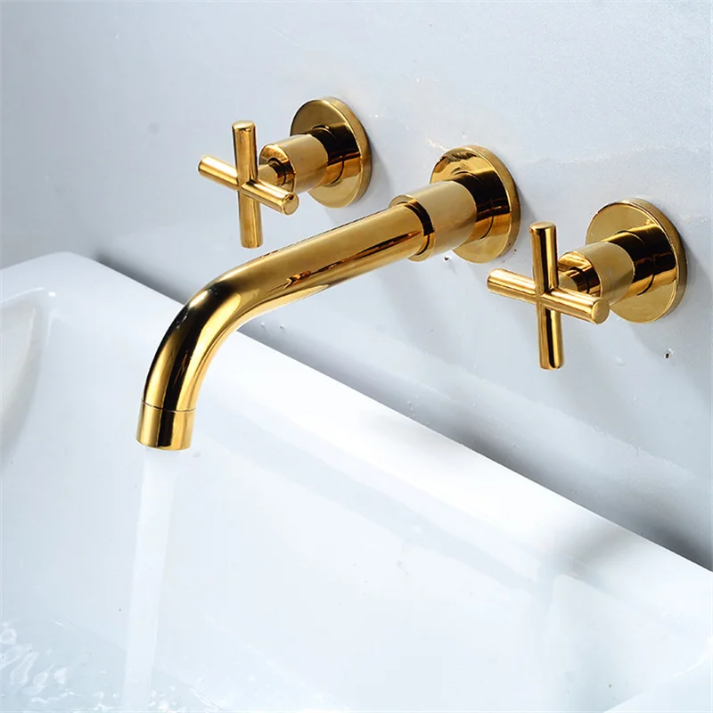 

3pcs Facuet Hot And Cold Bathroom Water Tap White Buried Wall Basin Faucet Embedded In Wall Concealed Bath Basin Golden Black