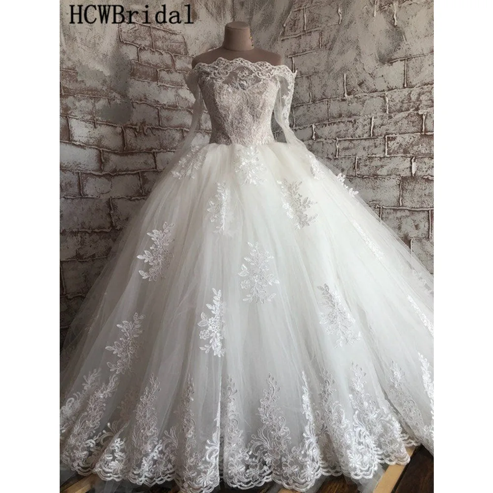 Реальные фотографии белое кружевное бальное платье Свадебные платья с длинными рукавами с открытыми плечами пышное свадебное платье Высокое качество Robe De Mariee