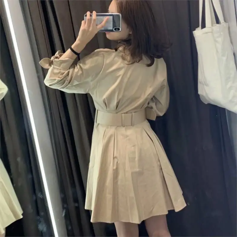 Женское осеннее дизайнерское короткое офисное платье с бантом на рукавах, женское платье трапециевидной формы с глубоким v-образным вырезом и поясом, мини-платье