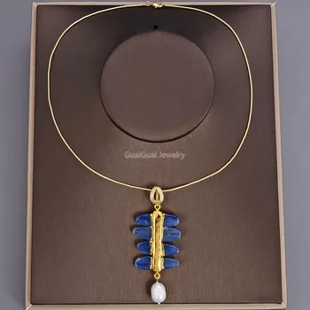 

GuaiGuai Jewelry 17" Natural Blue Kynite Freshwater White Pearl Pendant Wire Choker Necklace