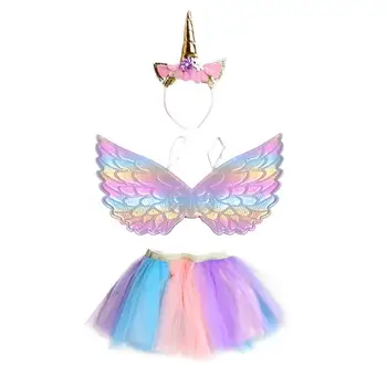 

Girls Layered Rainbow Tulle Tutu Skirts with Unicorn Horn Headband and Wing Birthday Pageant Party Fancy Dress Up Outfits