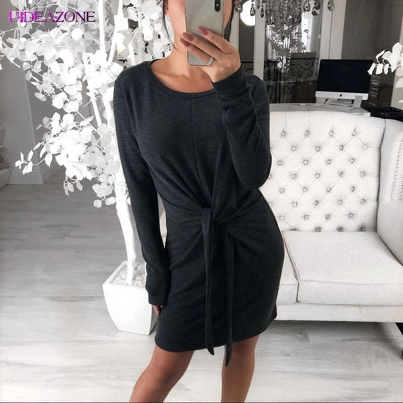 

UIDEAZONE Knitted Sweater Dress Women Pullovers Autumn Long Sleeve Cross Bandage Knot Elegant Tunic Mini Bodycon Winter Dress