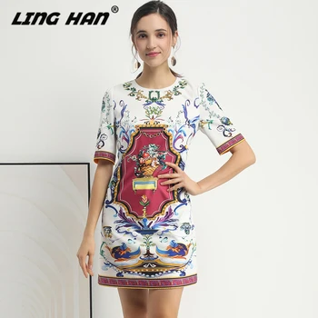 

LINGHAN Designer Women Spring Summer 2020 Elegant Bead Diamonds Print Short Sleeve Party Dress Dresses