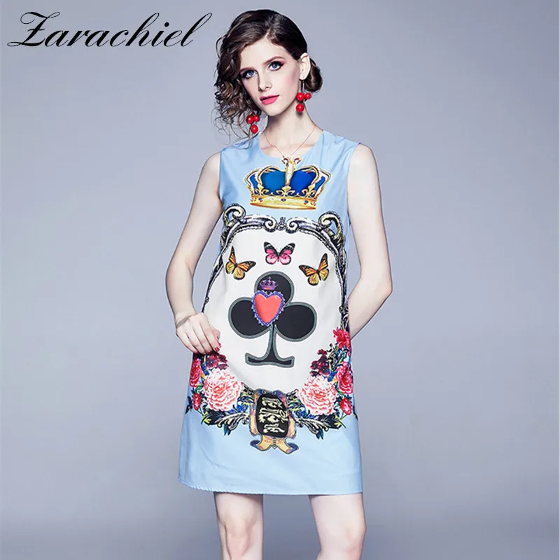 

Fashion Designer Sleeveless A Line Runway Dress Women's Character Flower Crown Print Short Dress Summer Elegant Vest Dress