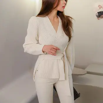 

Work Sweater Autumn Winter Lace Up Knitted Elegant Ladies Solid Top Long Sleeve Split Sweater Pullover Female V Neck Jumper