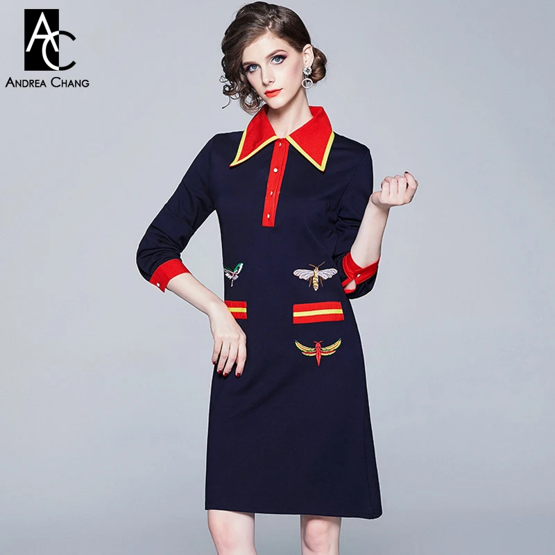 

S-XXL spring autumn woman dress insects pattern embroidery red collar pockets cuff dark blue dress vintage straight dress