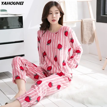 

Casual Striped Thick Warm Clothing Flannel Pajamas Sets for Women 2020 Winter Long Sleeve Sleepwear Coral Velvet Pyjama Homewear