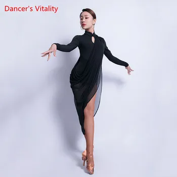 

Latin Dance Skirt New Female Adult Sexy V-neck Dress Performance Clothing Long Sleeve Professional Practice Clothes