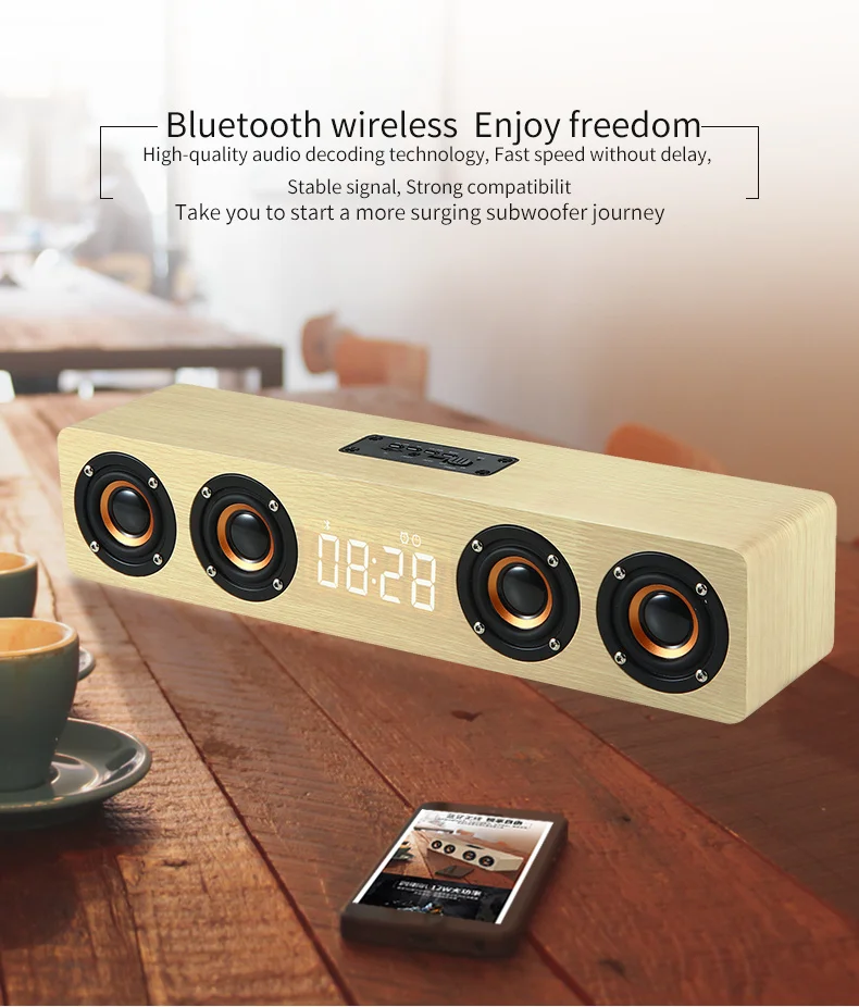 اسپیکر چوبی ساعت آلارم وایرلس رادیو پرتیبل سابوفر ۳۰۰۰ میلی آمپر Wooden Subwoofer Soundbar Portable 26 H5e285415d8304d25919e084b8f5b64e99