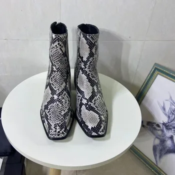 

2020 New Snakeskin Square Toe Ankle Boots Fishion High Heels Sexy Luxury Brand Zipper Chunky Boots Women Designer Leather Shoes