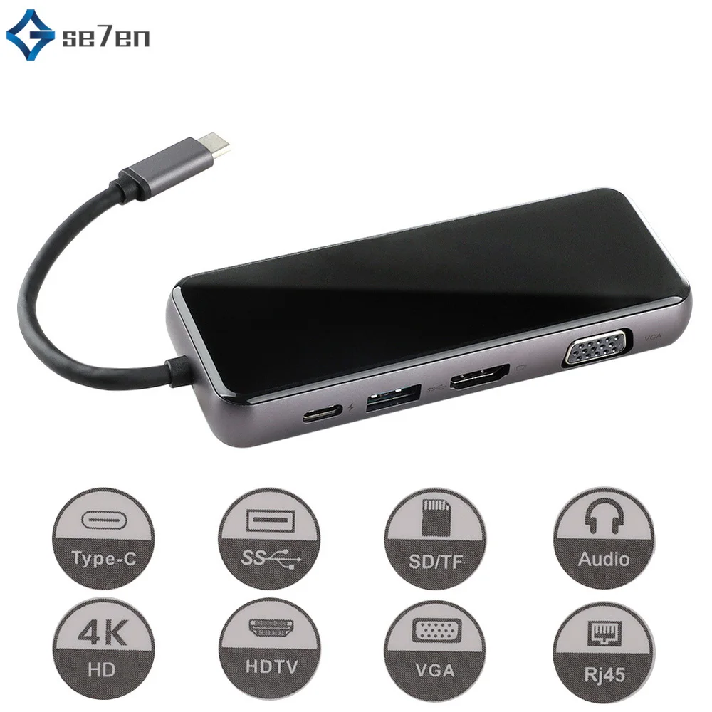 USB-C HUB Type C HUB to VGA USB 3.0 Thunderbolt 3 HDMI 3.5mm Audio RJ45 Adapter for MacBook Pro Samsung Galaxy S9 USB C HUB