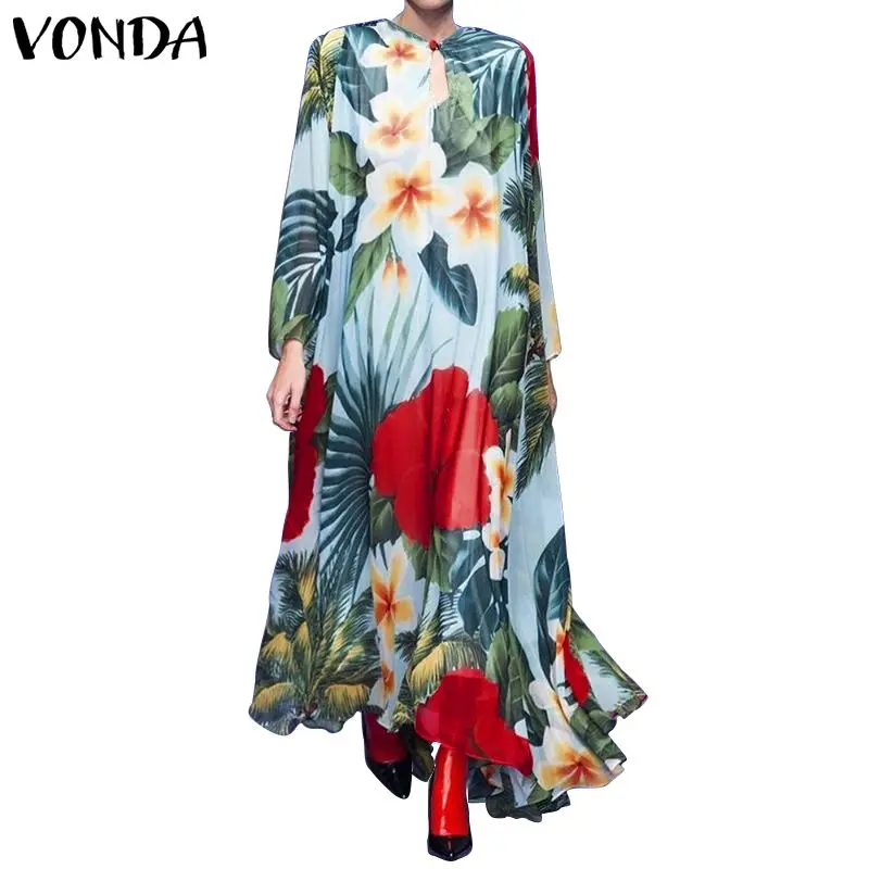 

VONDA Vintage Women Casual Loose Printed Dress Long Sleeve Bohemian Ethnic Autumn Long Maxi Dresses Plus Size Retro Vestidos 5XL