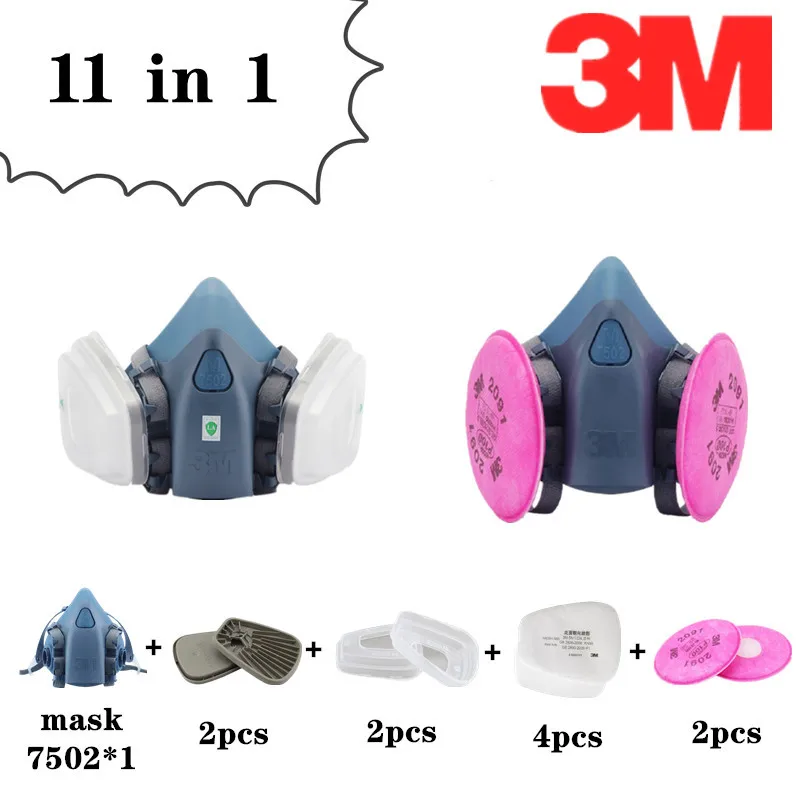 

11 In 1 3M Silicone Mask 7502 Dust Respirator Mask with Smoke Filter 2091 Cotton Adapter 603 Car Painting Polishing