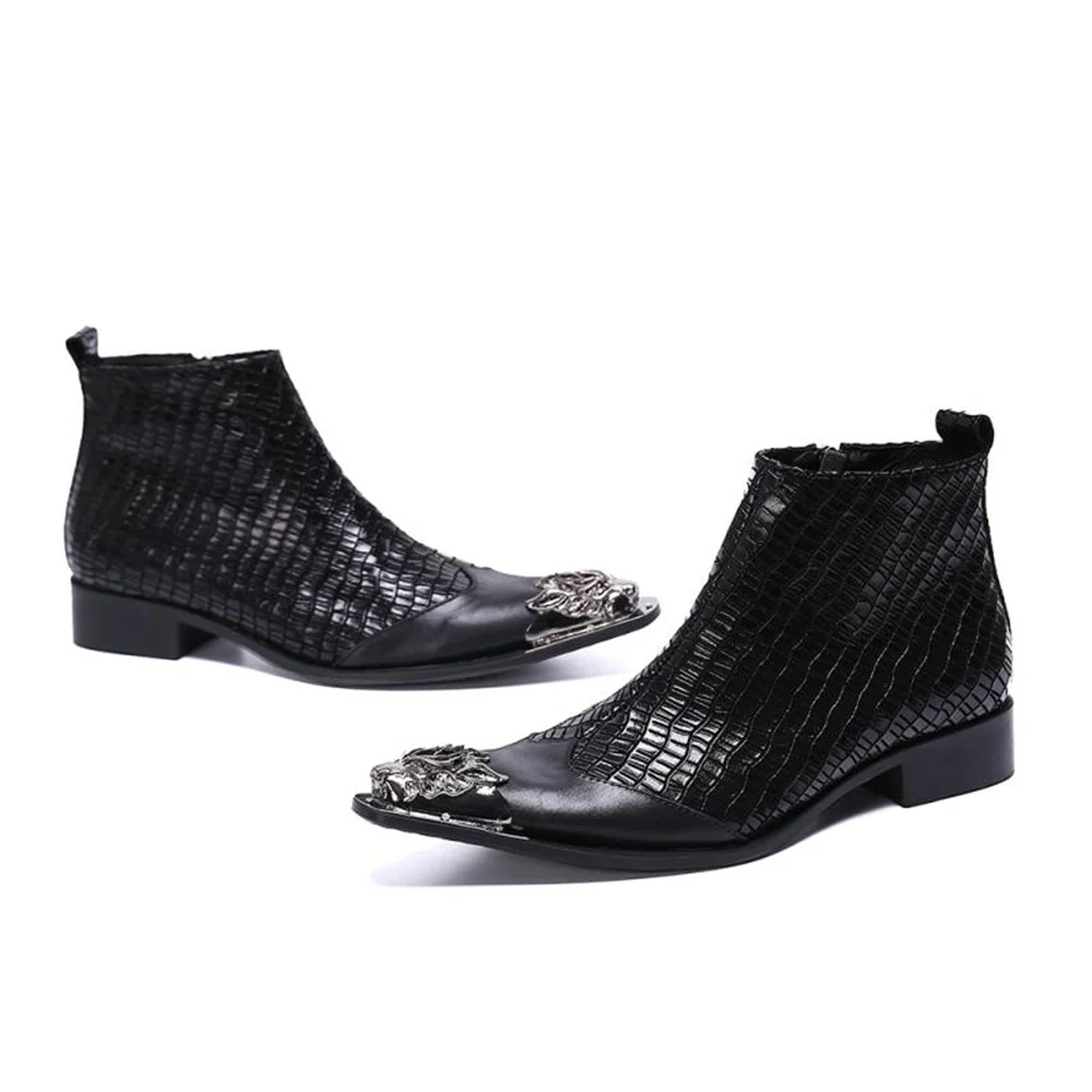 Mens Zipper Cowboy Boots British Style Business Dress Boots Autumn Winter Pointed Cowhide Leather Ankle Boots