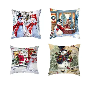 

4pcs/set Christmas Decorative Pillow Case With Polyester Printing On Christmas Snowman Square Cushion Cover