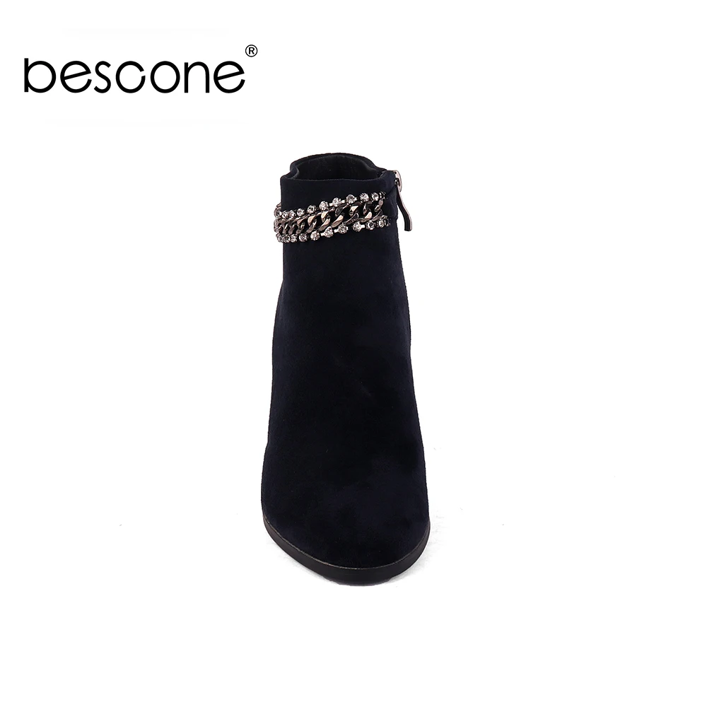 BESCONE/модные женские ботинки до середины икры; зимние теплые стильные туфли на высоком каблуке с цепочкой; черные женские ботинки с острым носком на квадратном каблуке; BY144