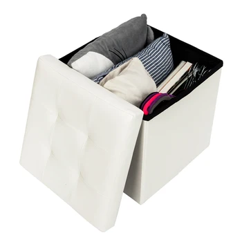 

Brand New And High Quality 38*38*38 PVC Leather Square Shape Storage Ottoman Concave Surface White